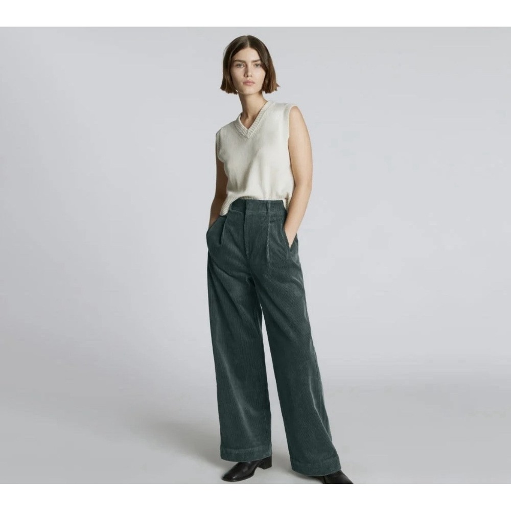 EVERLANE THE CORDUROY WAY-HIGH® DRAPE PANT WIDE LEG IN EVERGREEN SIZE 2